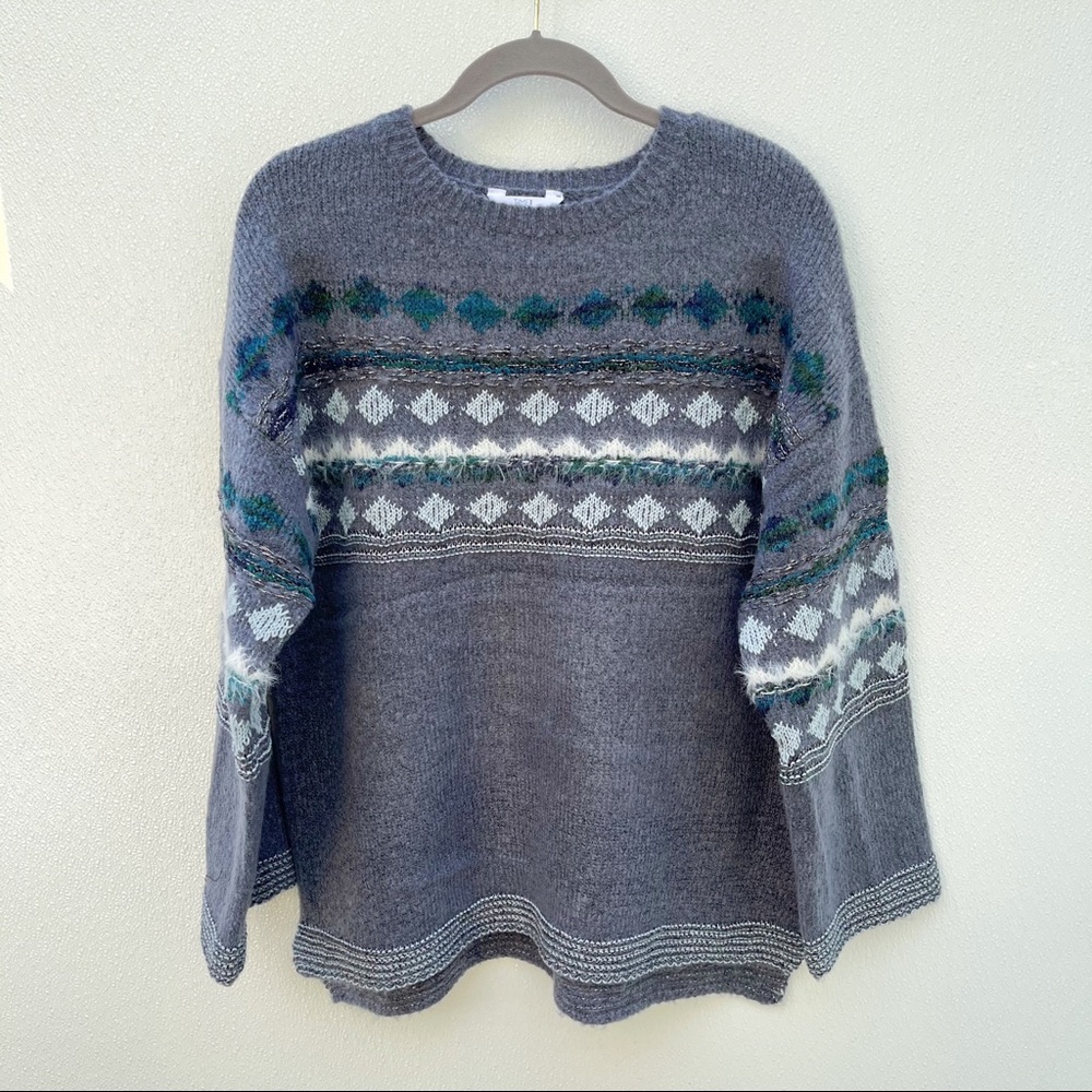 Fair Isle sweater size large dark gray cream bohemian fisherman boho cozy warm
